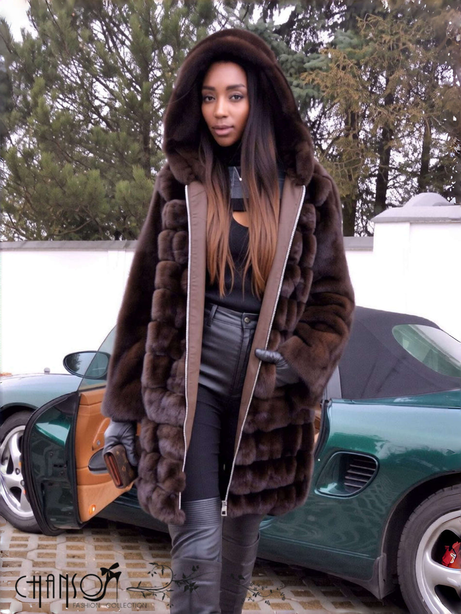 Brown hooded fur coat with zip closure, chunky fur strips and long sleeves