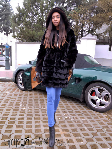 Hooded Mid-Length Fur Coat Horizontal Paneled For Fall & Winter Casual Wear