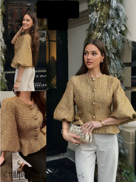 Gold tweed puff-sleeve top with small button front and round neckline