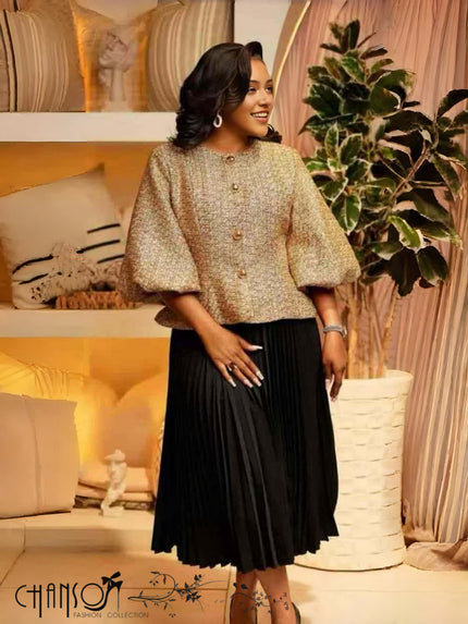 Gold tweed puff-sleeve blouse with button front and round neckline