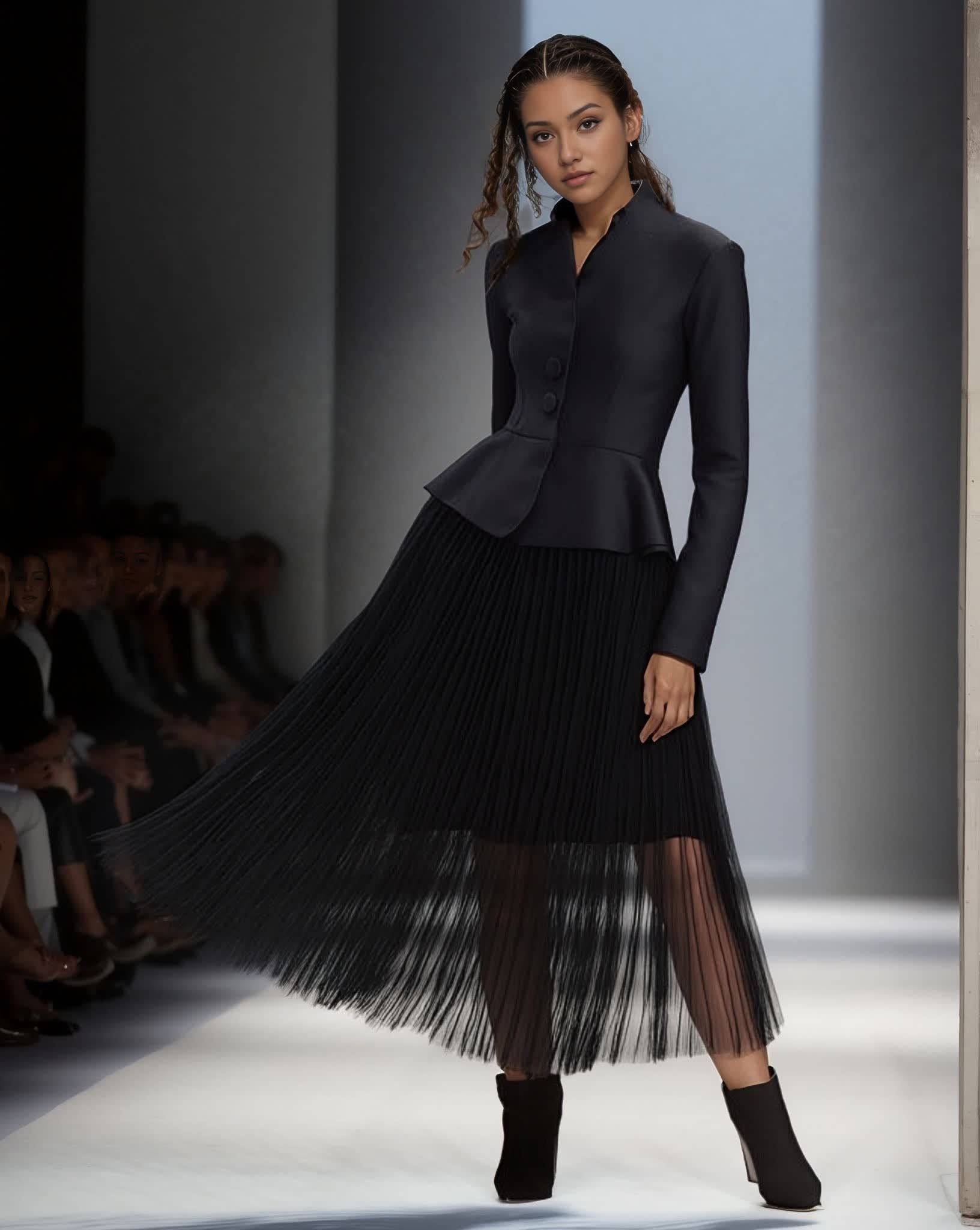 Black pleated midi skirt with matching peplum button-front jacket, long sleeves