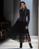 Black pleated midi skirt with matching peplum button-front jacket, long sleeves