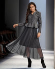 Grey pleated midi skirt with matching peplum jacket, button-front long sleeves