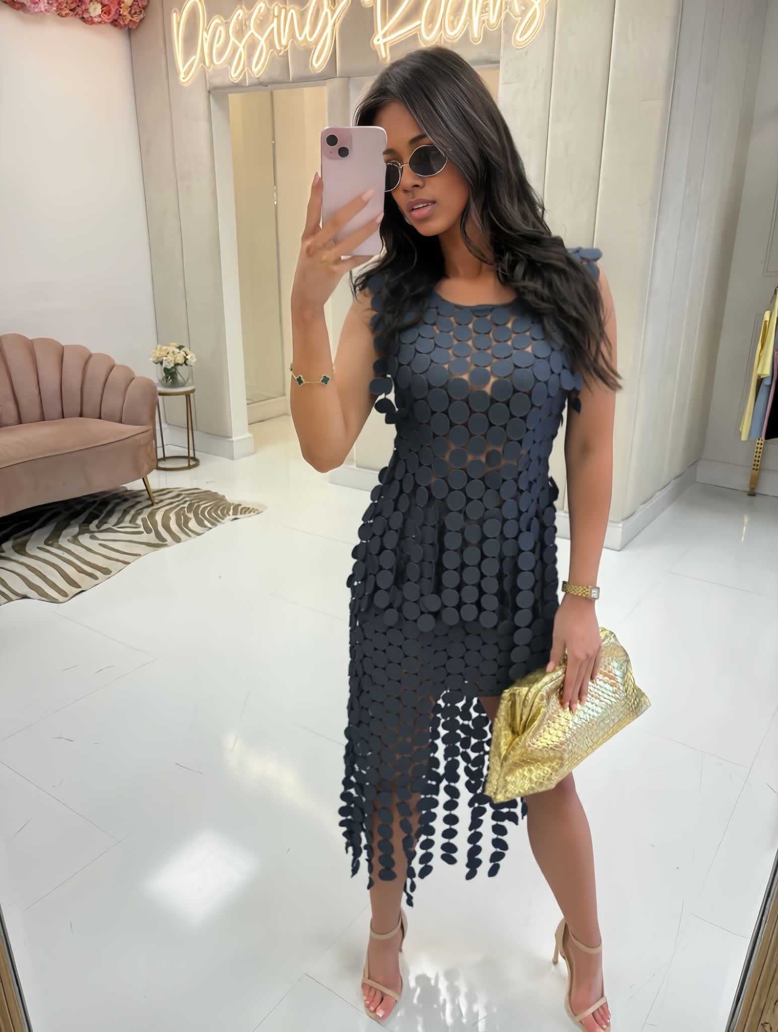 Dark geometric sequin twin set dress, sleeveless with layered skirt and round pattern