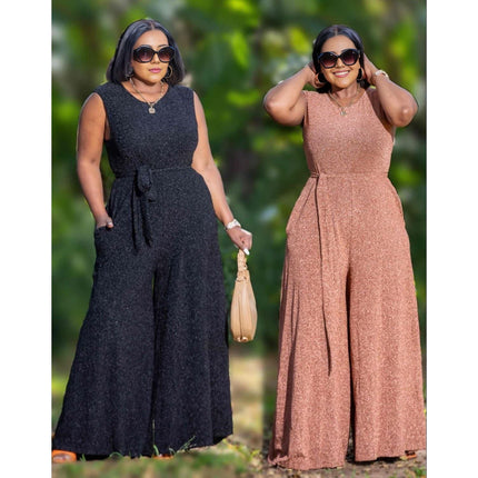 Wide-leg jumpsuits in black and light-pink, adjustable stretch waist