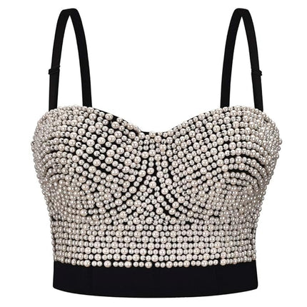Pearl beaded sweetheart neckline vest top with black straps