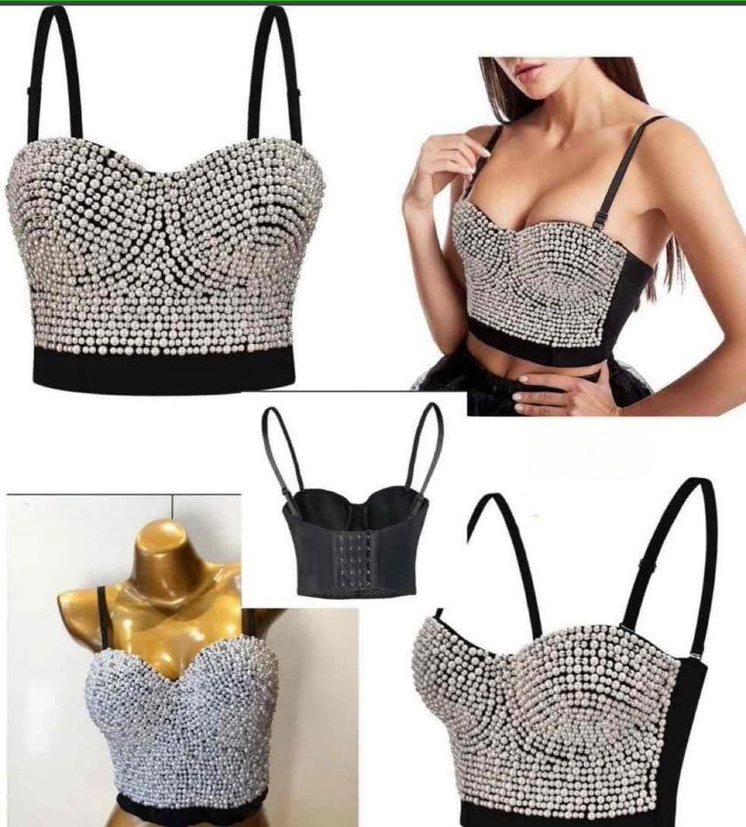 Pearl Embellished Sweetheart Neckline Sleeveless Vest