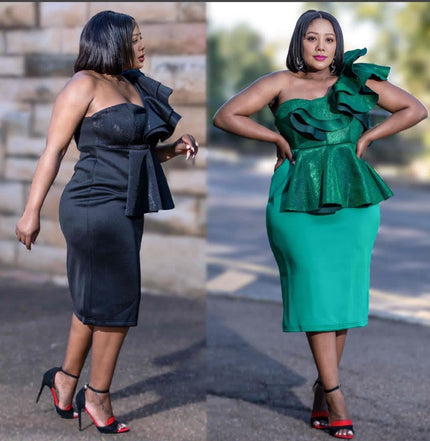 Black and dark green strapless ruffle peplum midi dress, back view and front view