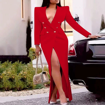 Red formal maxi dress with V-neck, double-breasted buttons, puff sleeves, high side slit