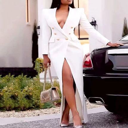 White formal maxi dress, V-neck, double-breasted, puff sleeves, high side slit