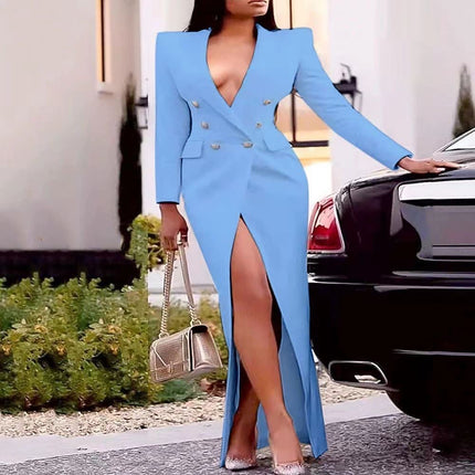 Sky-blue formal maxi dress with V-neck, double-breasted buttons, puff sleeves, side slit