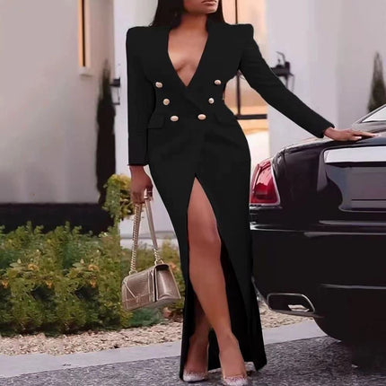 Black formal maxi dress with deep V-neck, double-breasted buttons, puff sleeves, side slit