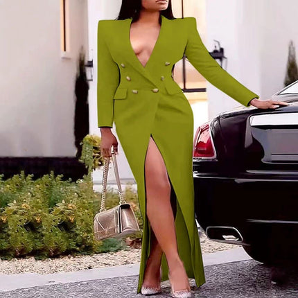 Yellow-green formal maxi dress with V-neck, double-breasted, puff sleeves, high side slit