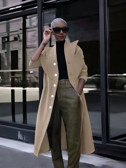 Tan double-breasted long coat with notch lapels and visible buttons