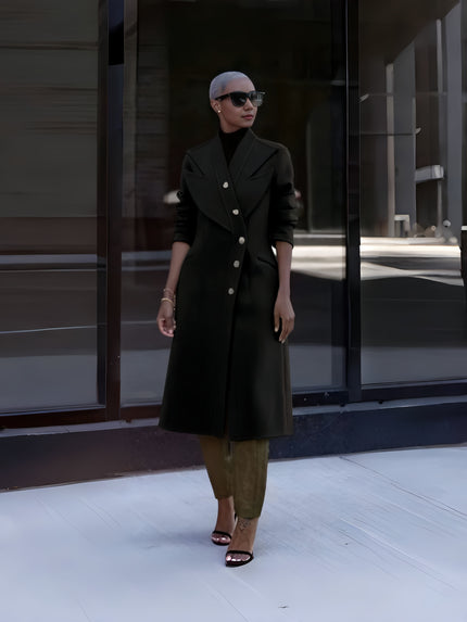 Black double-breasted long coat with notch lapels and button front