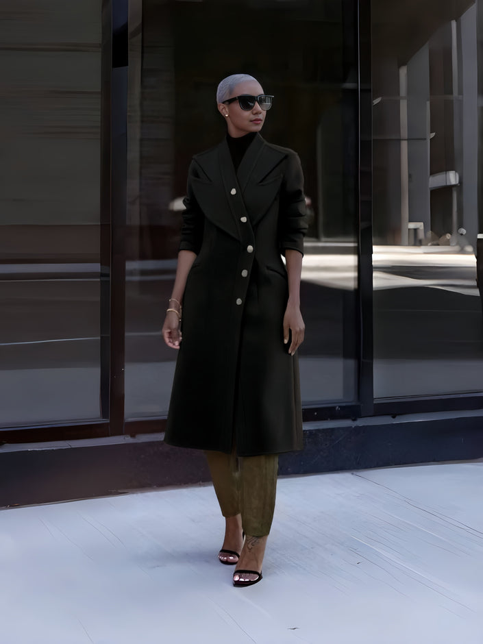 Black double-breasted long coat with notch lapels and button front