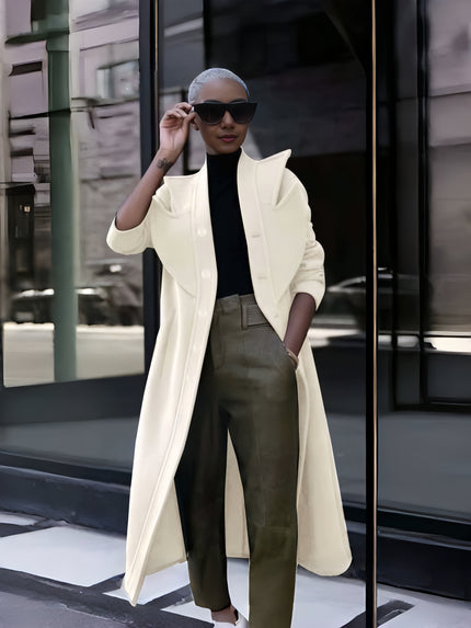 Cream double-breasted long coat with notch lapels and button front