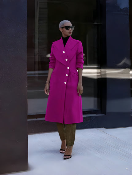 Magenta double-breasted long coat with notch lapels and button front