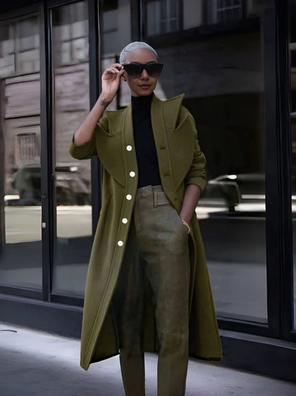 Army-green double-breasted long coat with notch lapels and visible buttons
