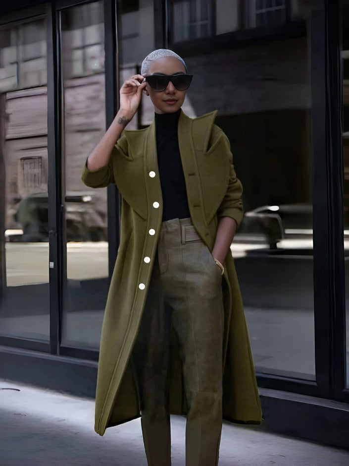 Army-green double-breasted long coat with notch lapels and visible buttons