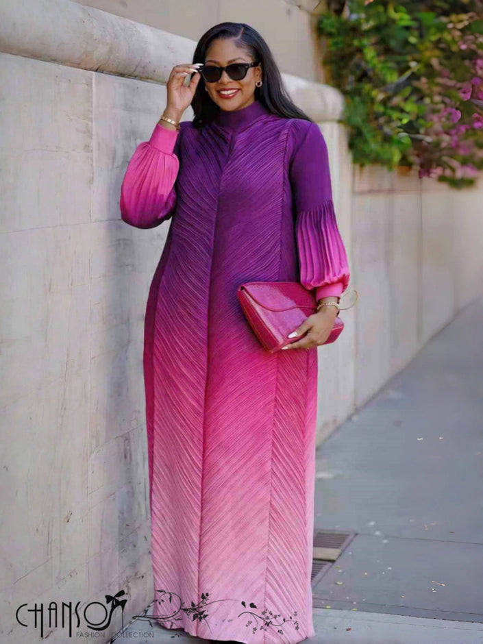 Purple pleated maxi dress with gradient sheen and puff sleeves, long A-line fit