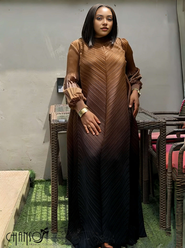 Brown pleated maxi dress with gradient texture and puff sleeves, long A-line fit