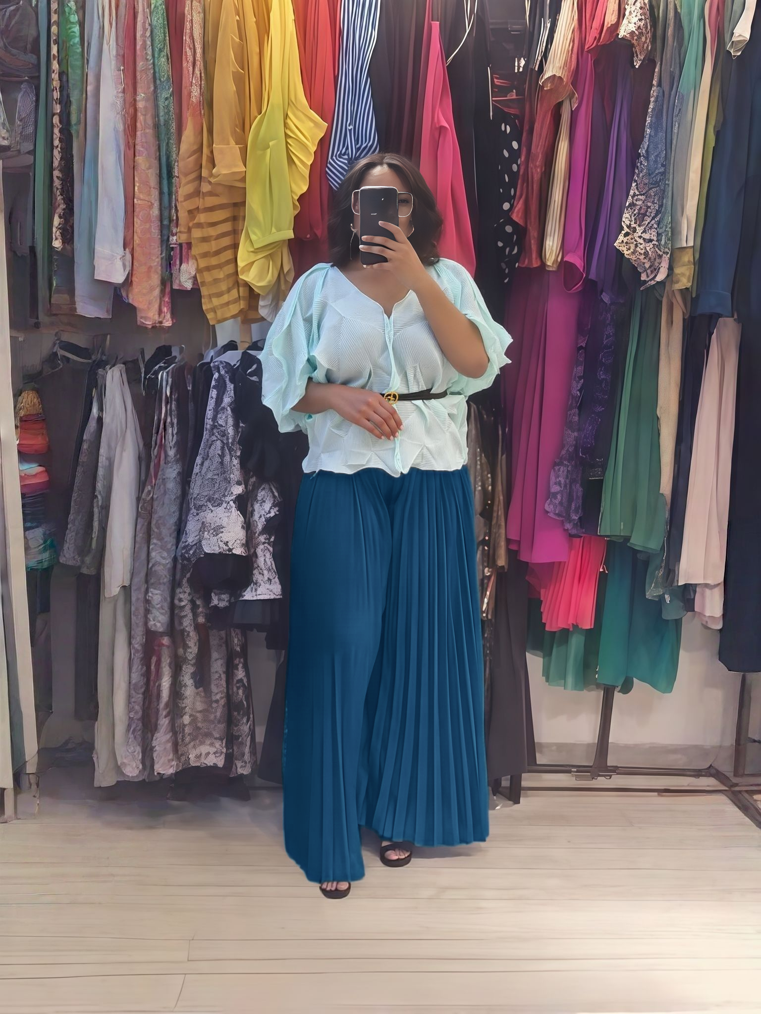 Ruffle top and pleated pants set, light blue blouse and teal pleated wide-leg pants