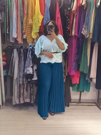 Ruffle top and pleated pants set, light blue blouse and teal pleated wide-leg pants