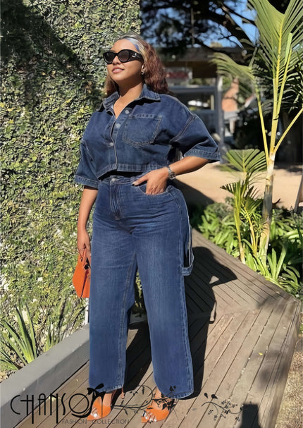 Denim cropped jacket and wide-leg pants set, blue wash, button front and pockets
