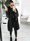 Women's Long Fur Coat with Hood, Detailed Ribbed Design, Full-Length Outerwear
