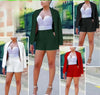 Dark blazer and high-waist shorts set with lace-trim bodice