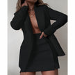 Black blazer and mini skirt dress set with V-neckline and side slit