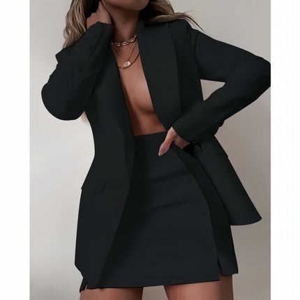 Black blazer and mini skirt dress set with V-neckline and side slit