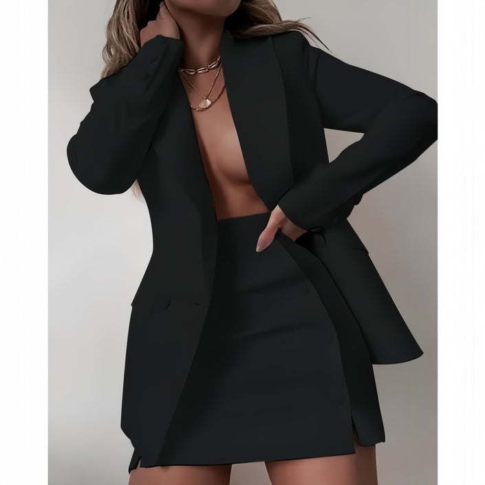 Black blazer and mini skirt dress set with V-neckline and side slit