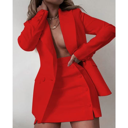 Red blazer and mini skirt dress set with deep V neckline and tailored buttons