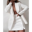 White blazer and mini skirt dress set with V neckline and double-breasted buttons