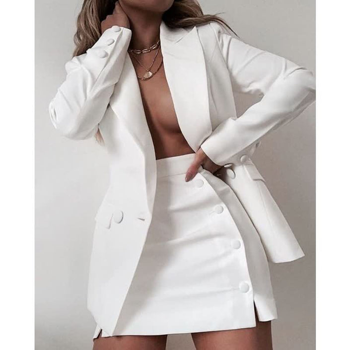 White blazer and mini skirt dress set with V neckline and double-breasted buttons