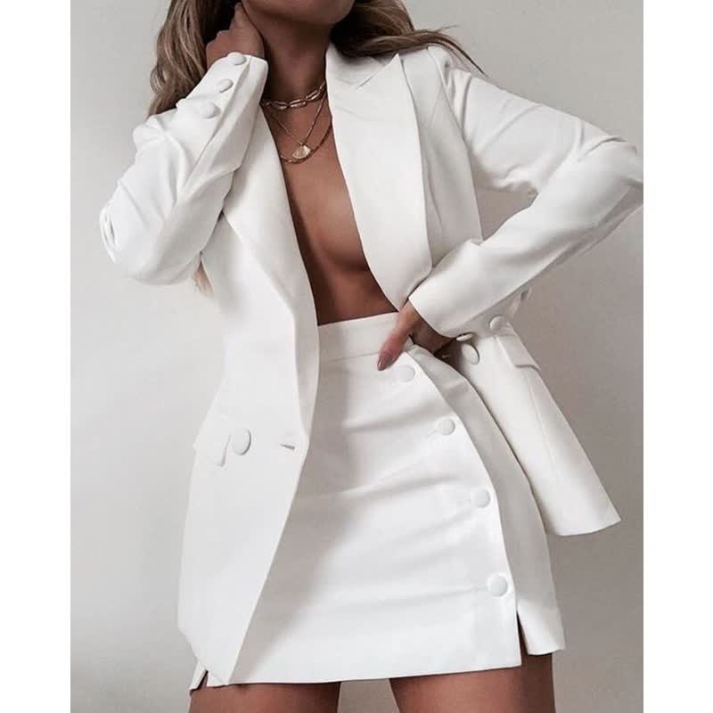 White blazer and mini skirt dress set with V neckline and double-breasted buttons