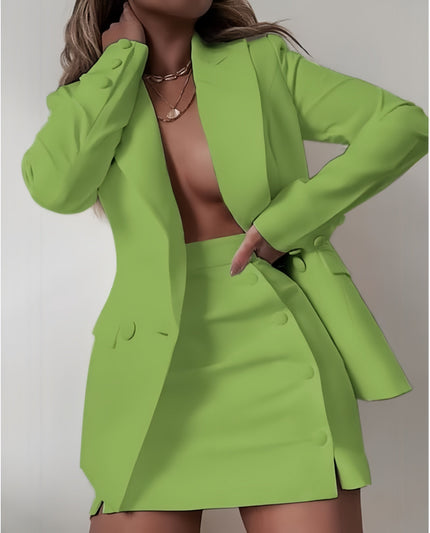Green blazer and mini skirt dress set with V neckline and tailored buttons