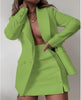 Green blazer and mini skirt dress set with V neckline and tailored buttons