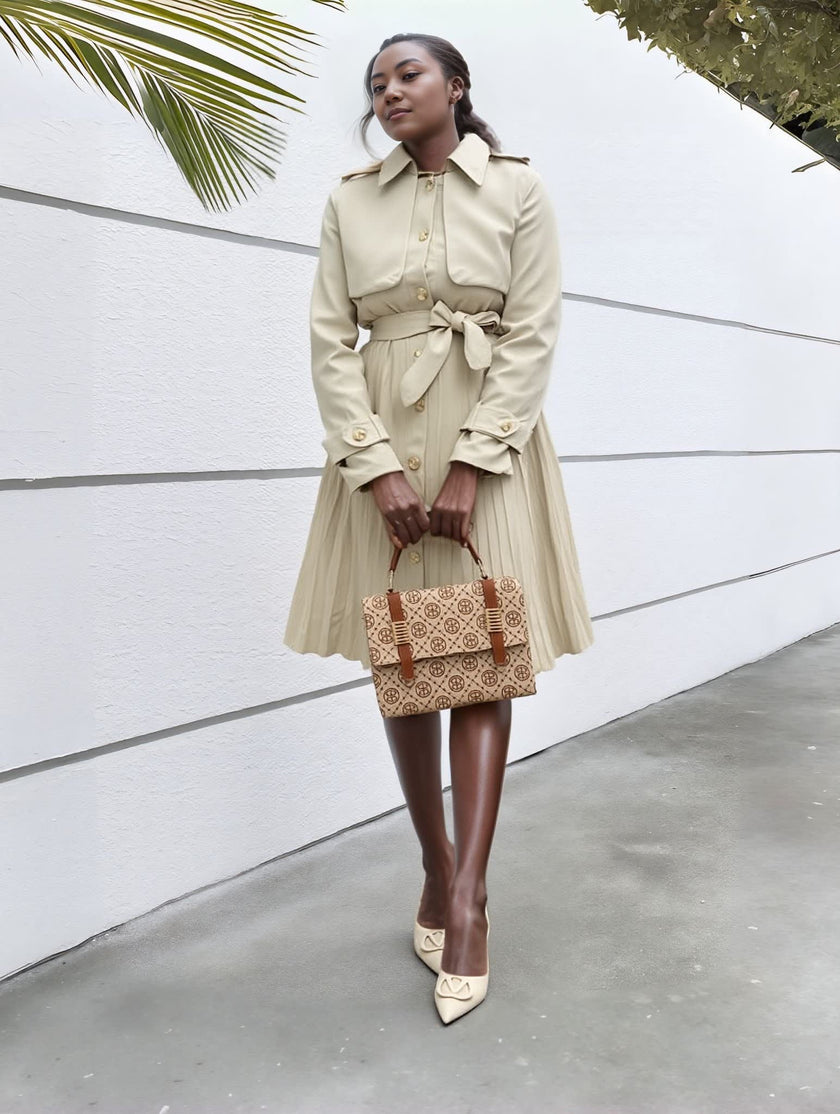 Women's Long Trench Coat｜Belted Waist Design｜Single-Breasted Closure｜Turn-Down Collar｜Long Sleeves｜Pleated Skirt Hem Detail