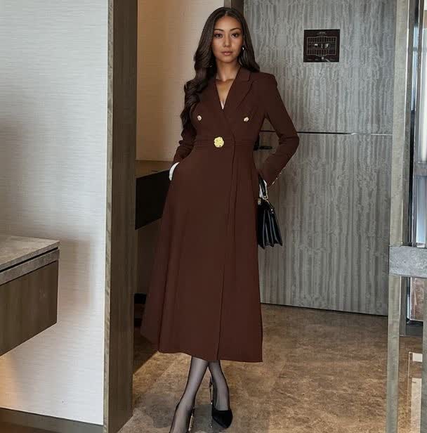 Womens gold-button midi coat dress in dark brown, V-neck, long sleeves, belted waist