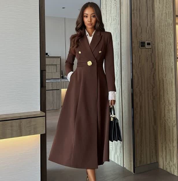 Womens gold-button midi coat dress in dark brown, V-neck, long sleeves, gold front buttons