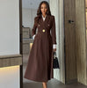 Womens gold-button midi coat dress in dark brown, V-neck, long sleeves, gold front buttons
