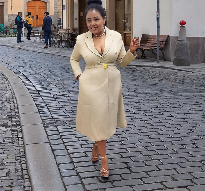 Womens gold-button midi coat dress in light beige, deep V-neck, long sleeves, belted waist