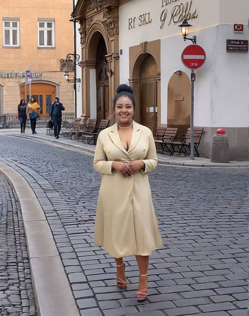 Women's  Long Coat Dress with Gold Button Detail