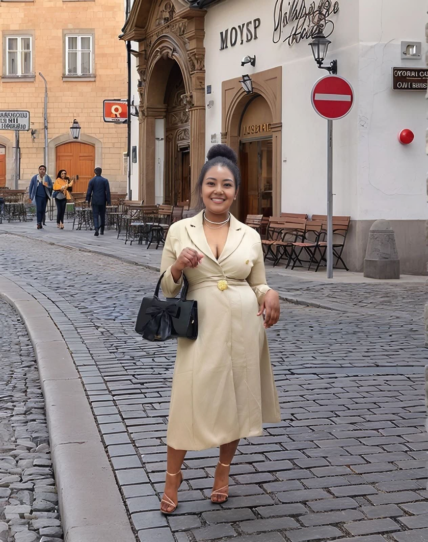 Women's  Long Coat Dress with Gold Button Detail