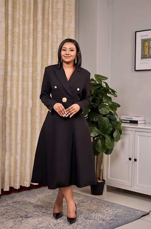 Womens gold-button midi coat dress in black, V-neck, long sleeves, structured A-line midi
