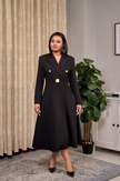 Womens gold-button midi coat dress in black, V-neck, long sleeves, button detail at waist