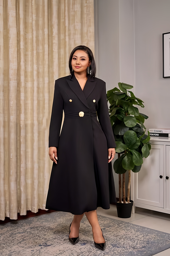 Womens gold-button midi coat dress in black, V-neck, long sleeves, button detail at waist